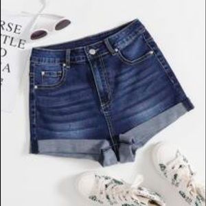 Roll-up Hem Denim Shorts Dark Blue